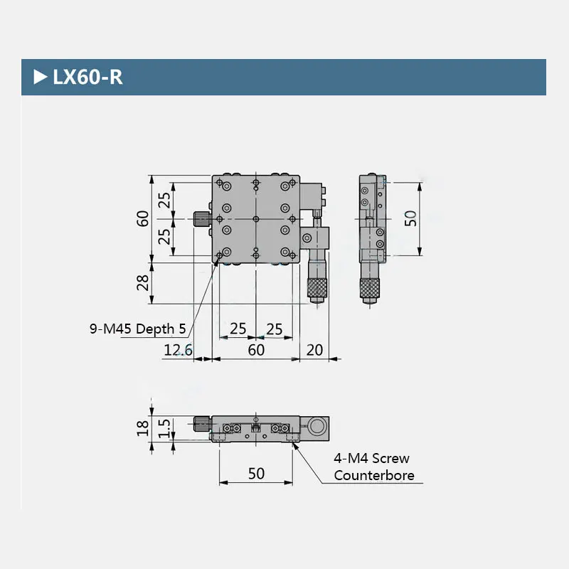 LX60-R X Axis 60*60mm Manual Displacement Platform Linear Stage Fine Adjustment Sliding Table