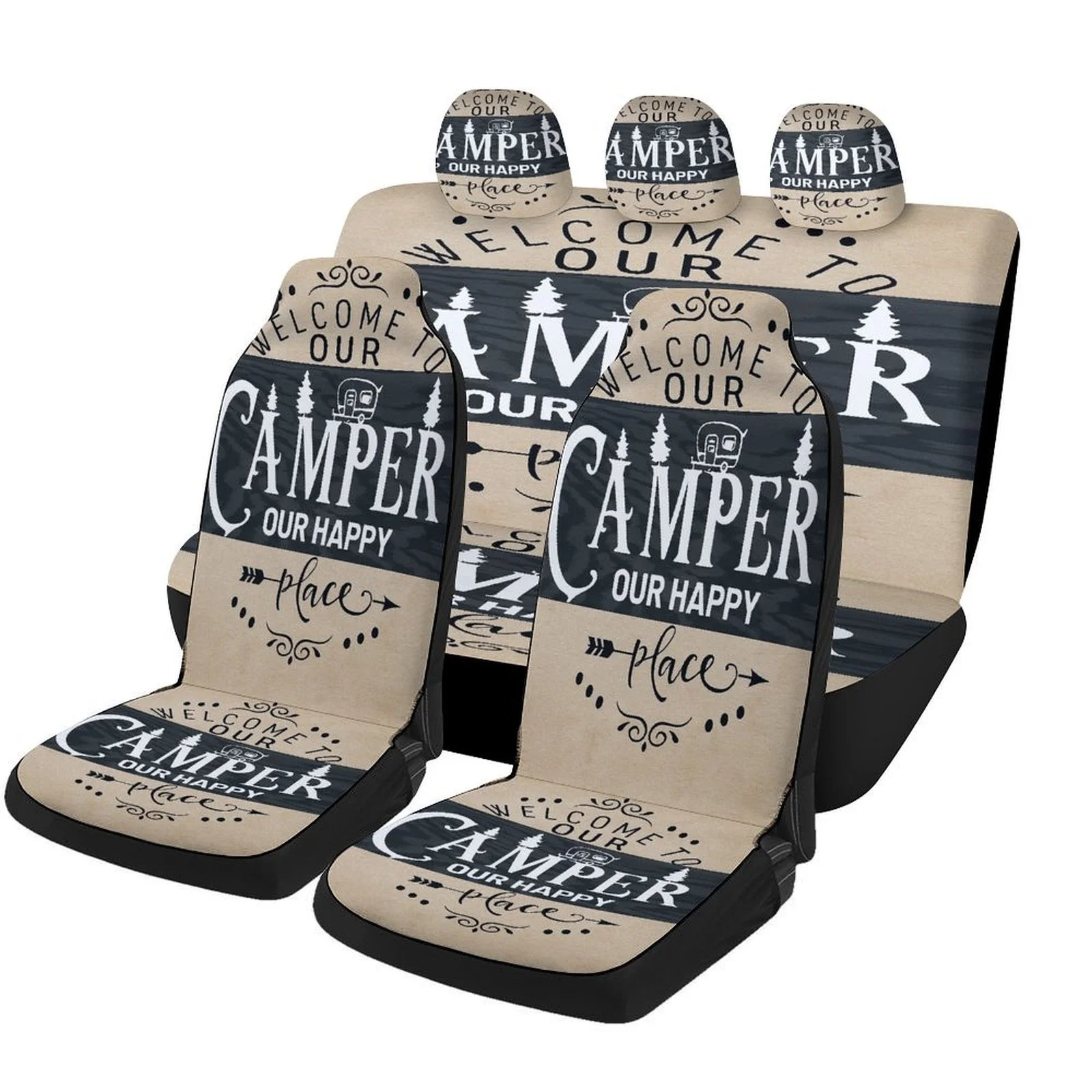 Camper Welcome Sign Designed Car Seat Cover Set For Most Cars, Decorative Fashionable High-quality Car Seat Protector Covers Ful