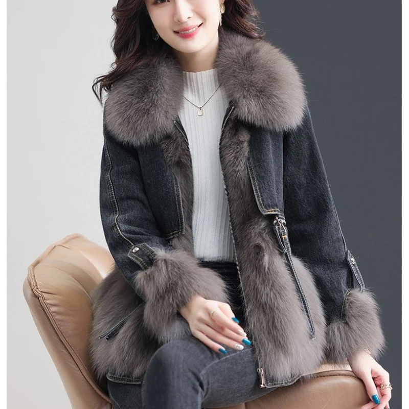 Women Thick Coat Winter Autumn Korean Patchwork Jeans Coat Sweet Single Breasted Full Turn-down Collar Single Breasted Girls Bag