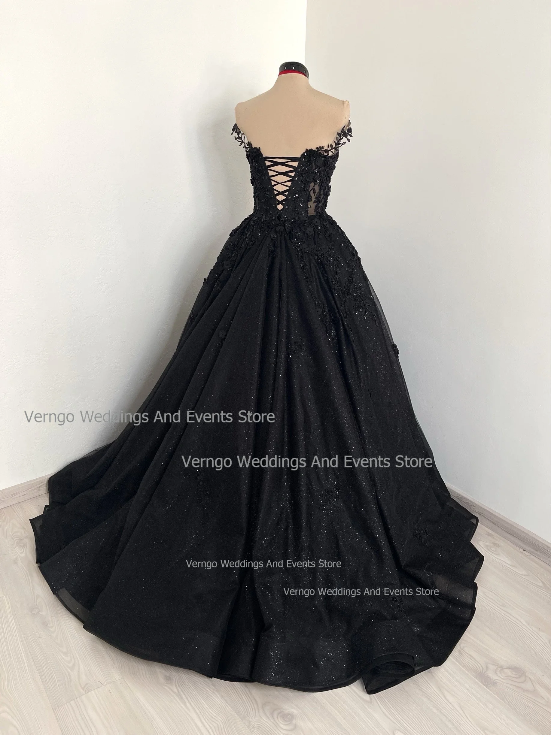 Verngo Black Gothic Glitter Wedding Dresses Sweetheart Off Shoulder Appliques Bridal Gown A-line Bride Dress Vestidos De Novia