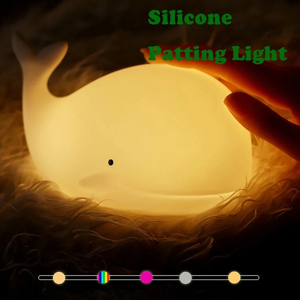 Rechargeable Cartoon Whale RGB LED Night Lights Silicone Light Atmosphere Lamp Bedroom Bedside Decor for Kids Baby Holiday Gifts
