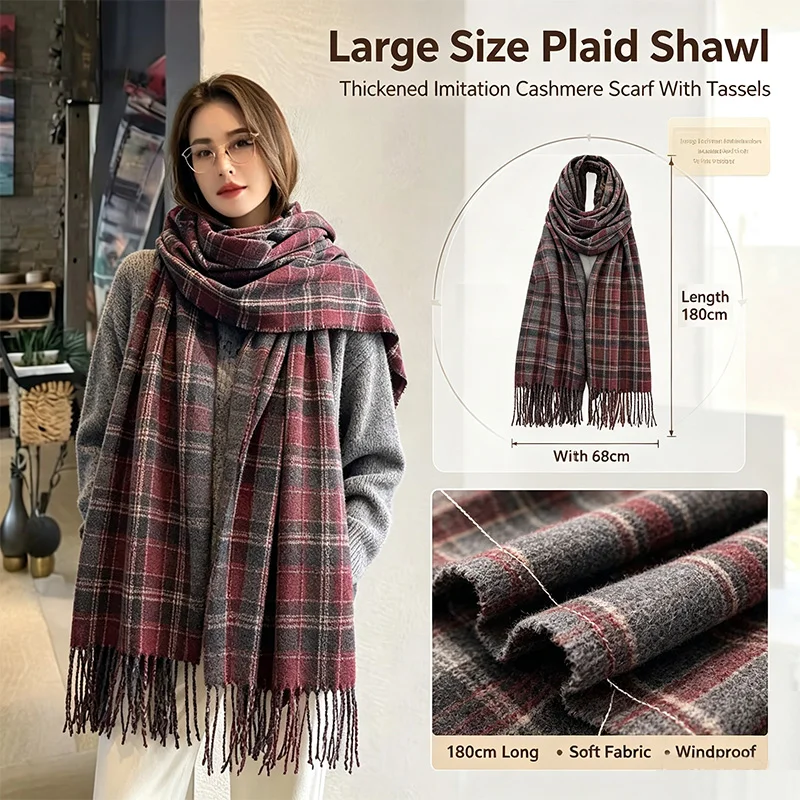 Winter Vintage Preppy Style Plaid Scarve Thickened Warmth Imitation Cashmere Women Scarf Oversized Versatile Pashmina XWJ15