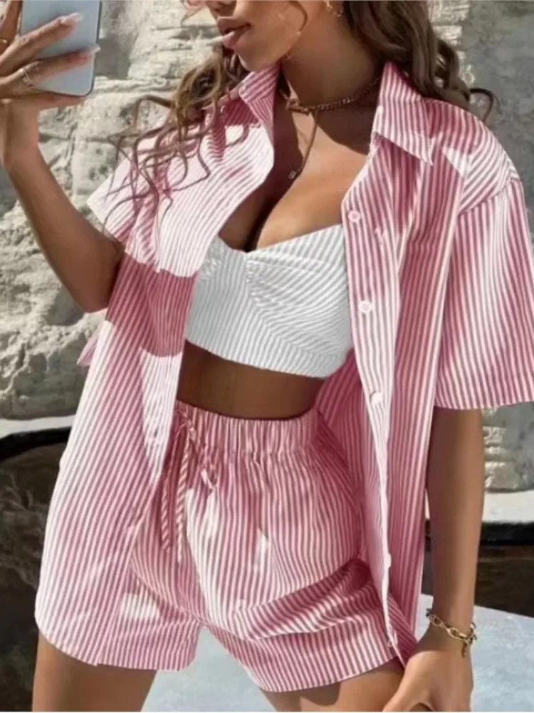 

Summer Casual Striped Women's Two-piece Set Short Sleeve Loose Shirt Top And Shorts Suit Women Fashion 2 Piece Sets Female