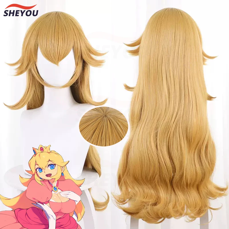 

Princess Peach Cosplay Wig Anime 70cm Long Curly Mixed Yellow Heat Resistant Synthetic Hair Anime Party Wigs + Wig Cap