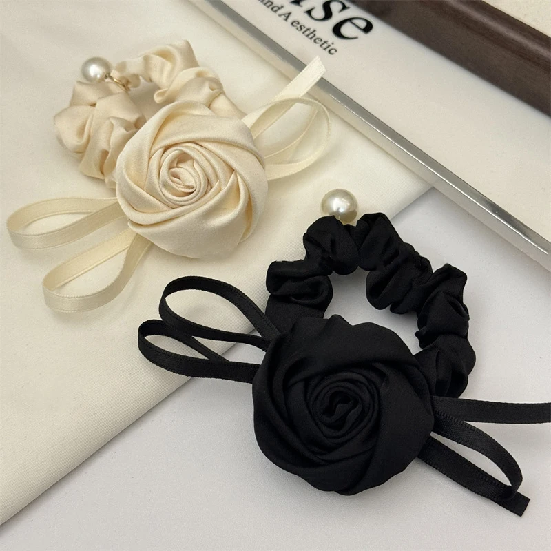 French Flower Hair Bands Hair Tie Satin Rose Hair Rope Elegant Scrunchies For Women Korean Style Headwear Hair Accessories