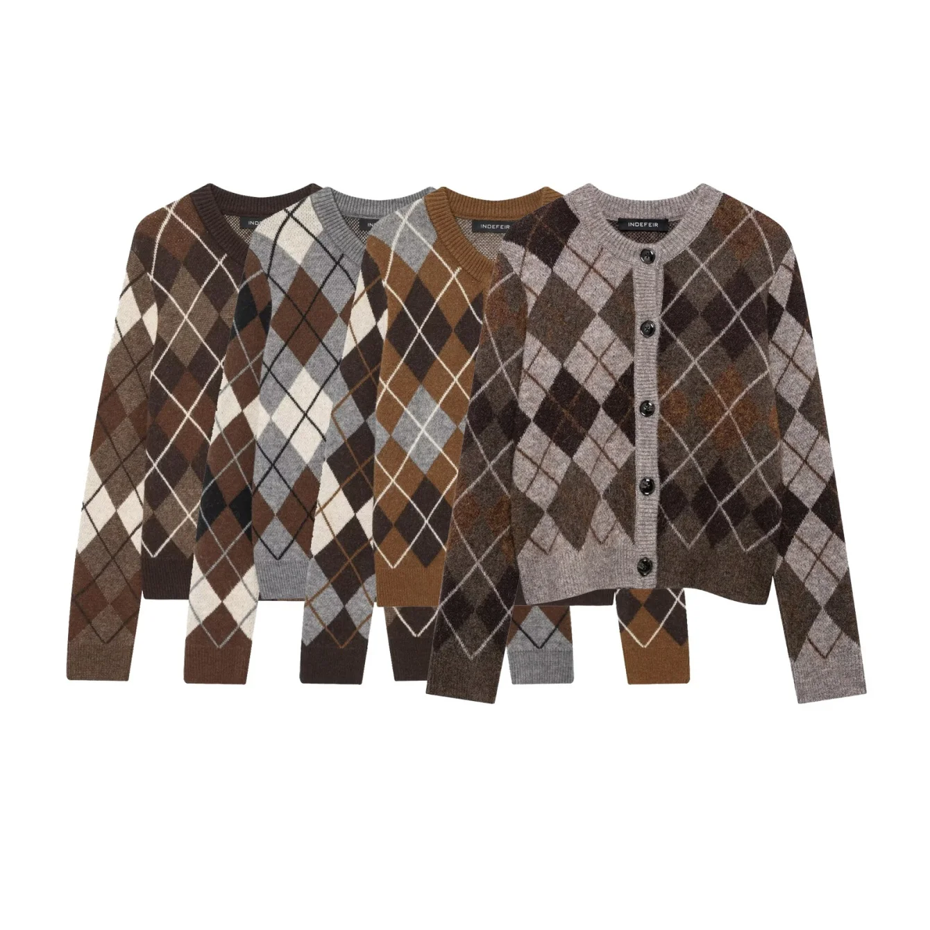 

Women British Vintage Casual Argyle Knitted Cardigan Female O-Neck Long Sleeved Sweater Coat Commute High Street Knitted Top