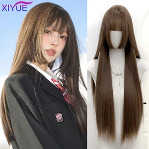 Princess Cut Bangs Natural Look Synthetic Long Wig With Bangs Long Heat-