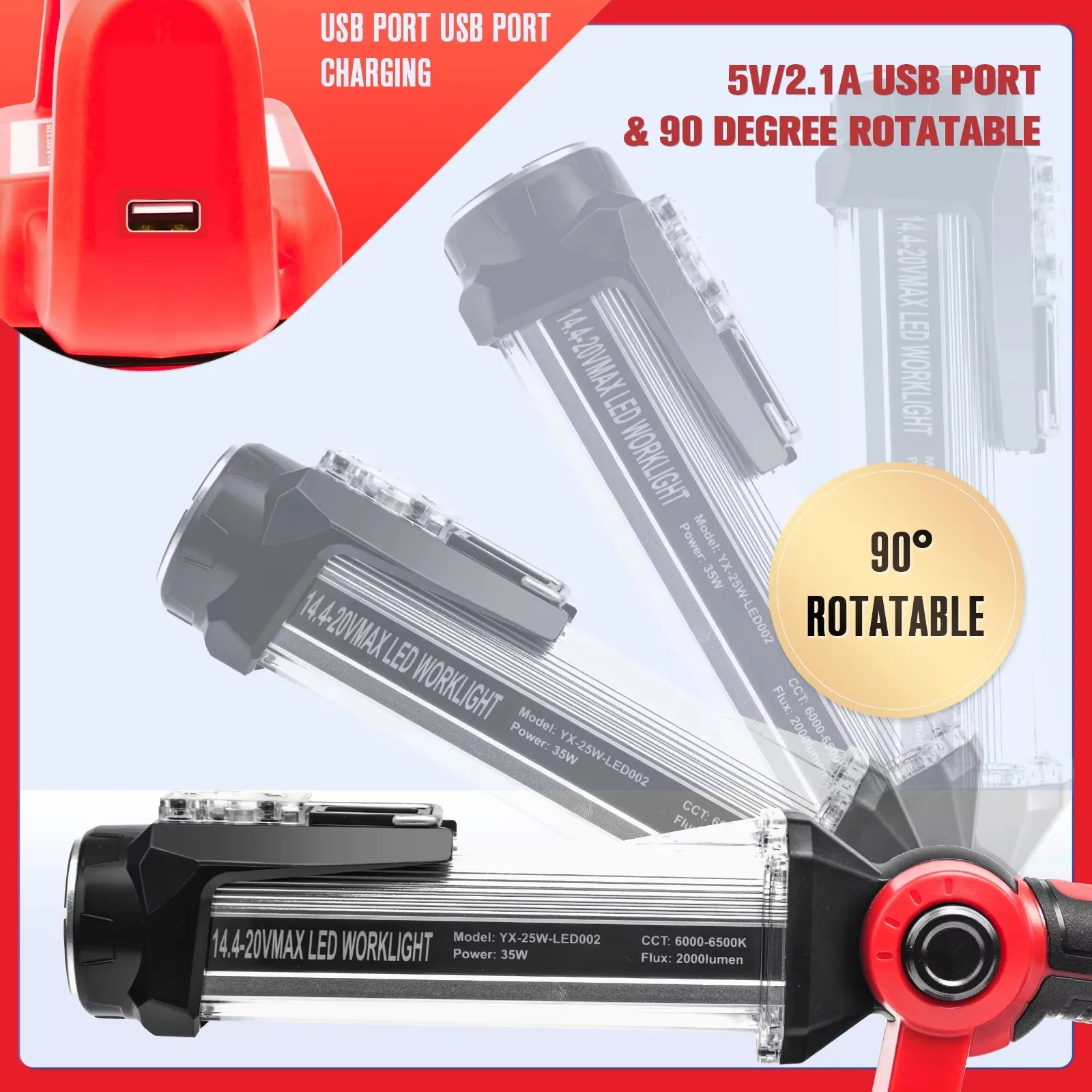 35 واط 2000LM اللاسلكي LED ضوء العمل المحمولة في الهواء الطلق مصباح يدوي لبطارية ديوالت/ميلووكي/ماكيتا 18 فولت 20 فولت (لا بطارية)