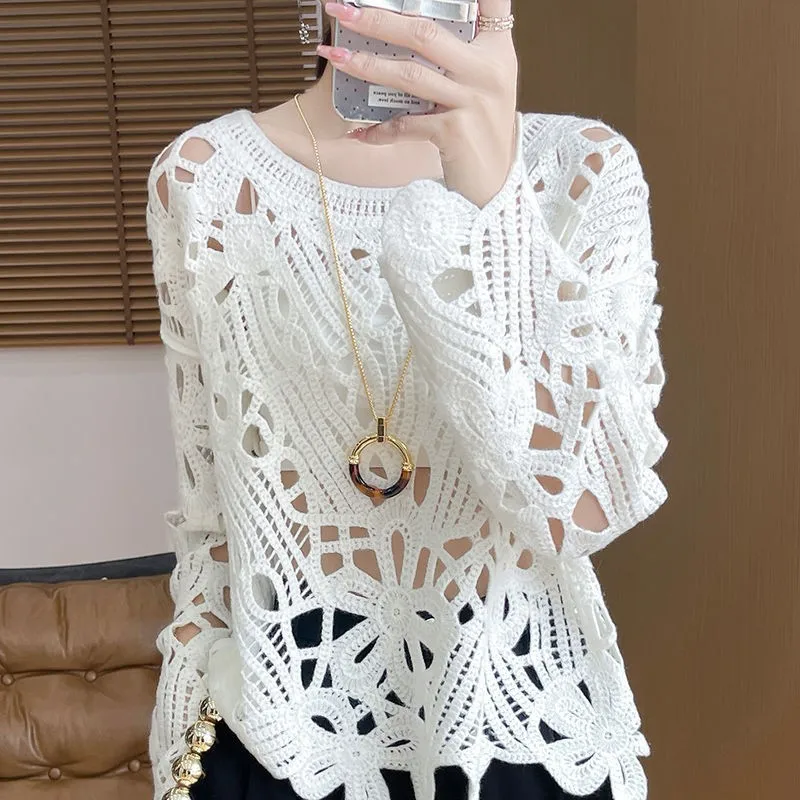 

Women White Crochet Knit Sweater Cut Out Long Sleeve Loose Pullover Top