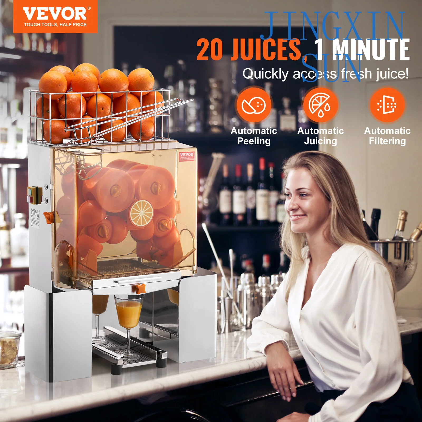 Commercial Orange Juicer Machine Automatic Juice Extractor Stainless Steel Orange Squeezer  with Pull-Out Filter Box