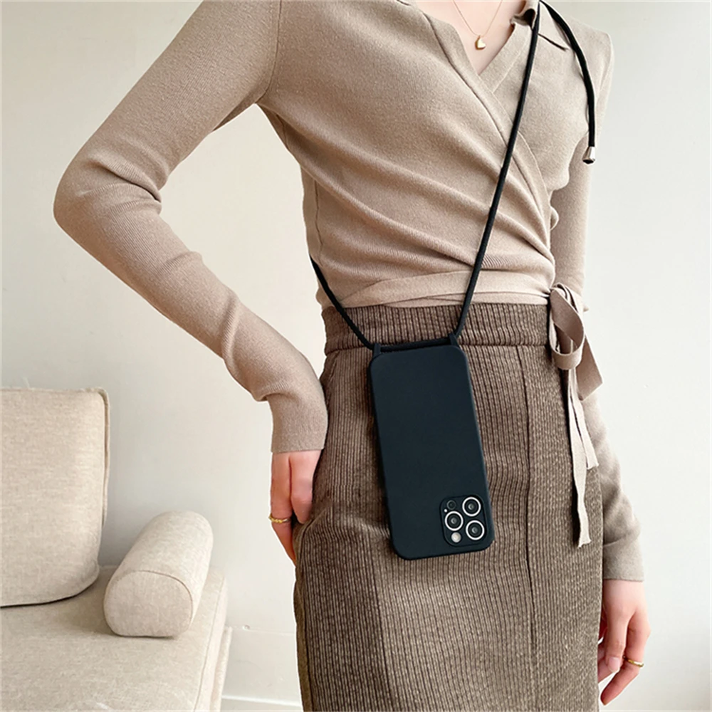 Crossbody Necklace Lanyard Cord Strap Liquid Silicone Case For iPhone 16 15 13 11 12 14 Pro Max XS XR X 8 7Plus Soft Candy Cover image 4