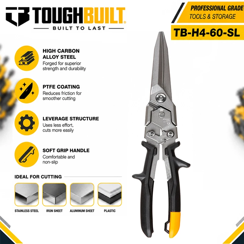 TOUGHBUILT TB-H4-60-SL Straight Long Cut Aviation Snips, Forged Induction Hardened Blades, Heavy Duty Sheet Metal Cutting Tool