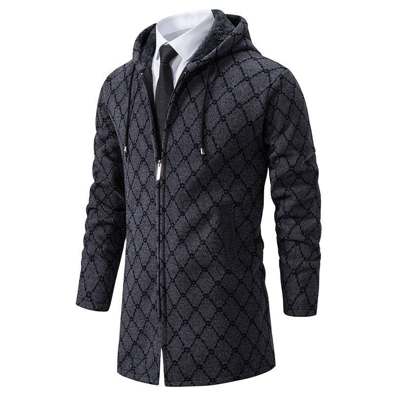 New Mens Long Cardigan Jacket Knitted Hooded Jacket Coat Korean Autumn Winter Thick Sweater with Plush Fashion Overcoat