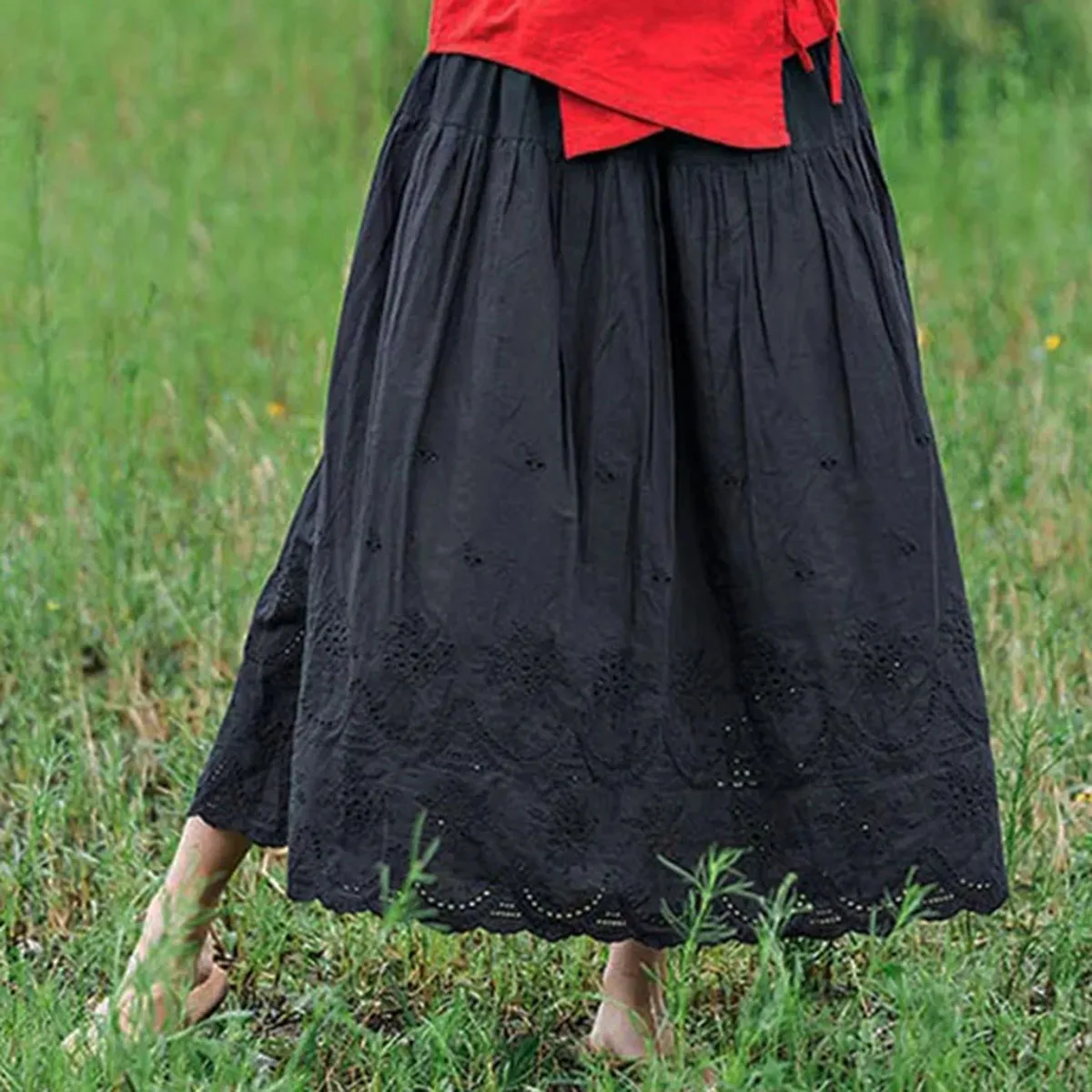 الأدبية الصيف القطن تنورة عالية الخصر المرأة مرونة الخصر فارغة Cutwork الدانتيل في طويل الأبيض الجنية الصغيرة الطازجة نصف تنورة #2