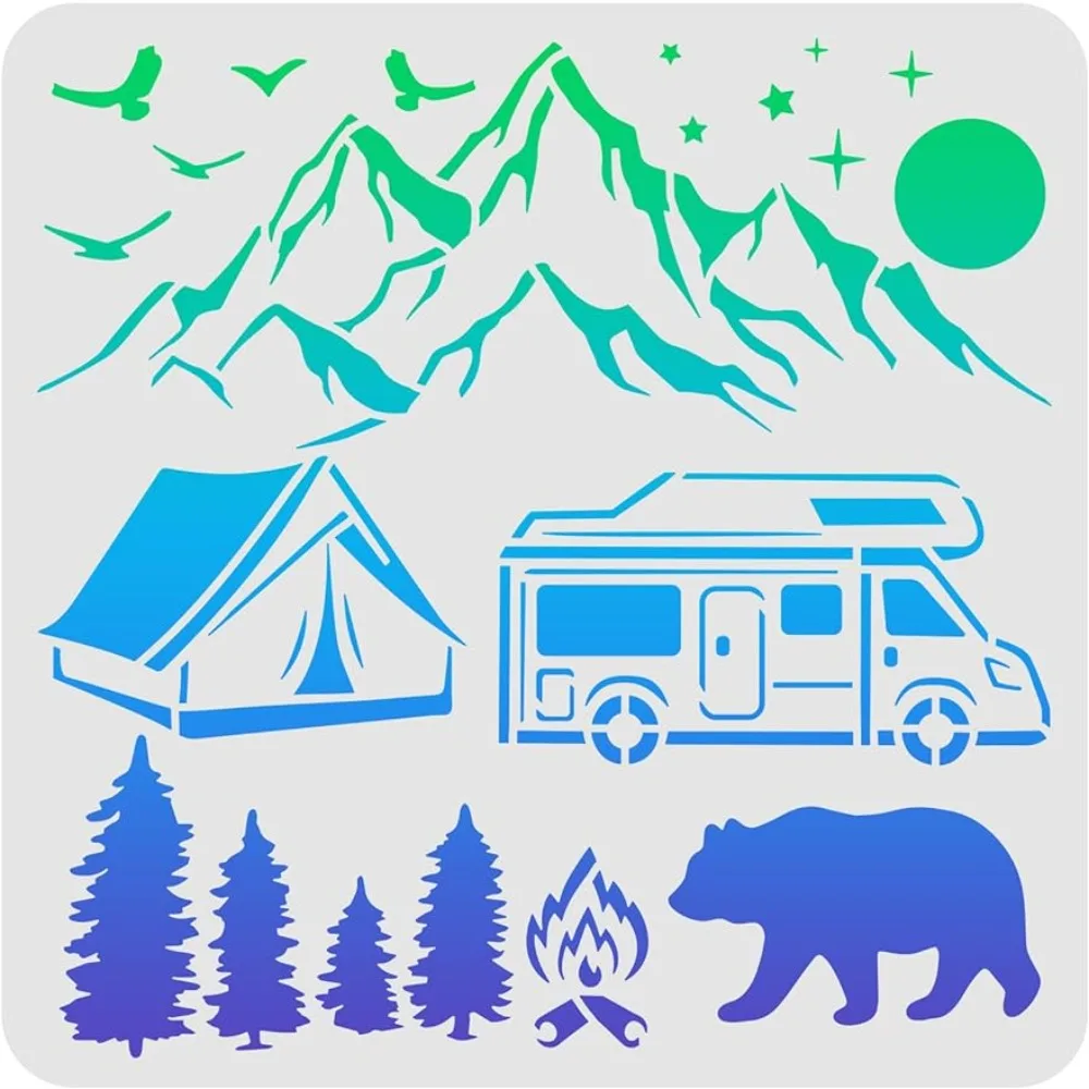 Camp Stencils 11.8x11.8inch Plastic Mountains Sun Tent Bear Pine Tree Drawing Stencils Birds Car Fire Pattern Stencils Reusable