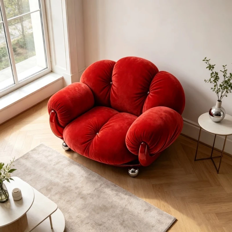 Cloud-shaped lounge chair with bright red electroplated fiberglass frame, tufted velvet single sofa with round metal ball feet