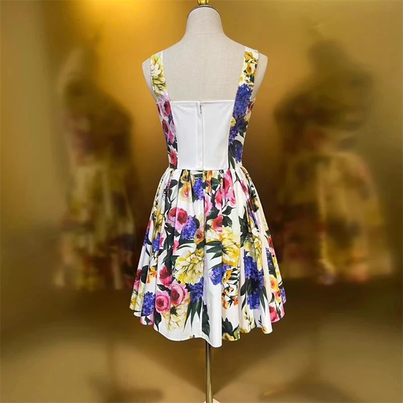 Women\'s Rose Print Shoulder Strap Dress, Sexy Mini Skirt, High Quality, Beach Vacation, Casual, New Fashion, Summer, Y2K, 2024