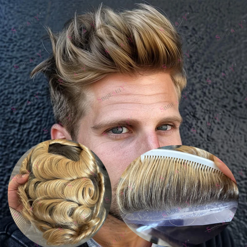 

Европейский мужской парик из необработанных человеческих волос # 4 коричневых корня, медовый блондин, 30 мм, волнистые натуральные волосы, мужские парики, протез для волос