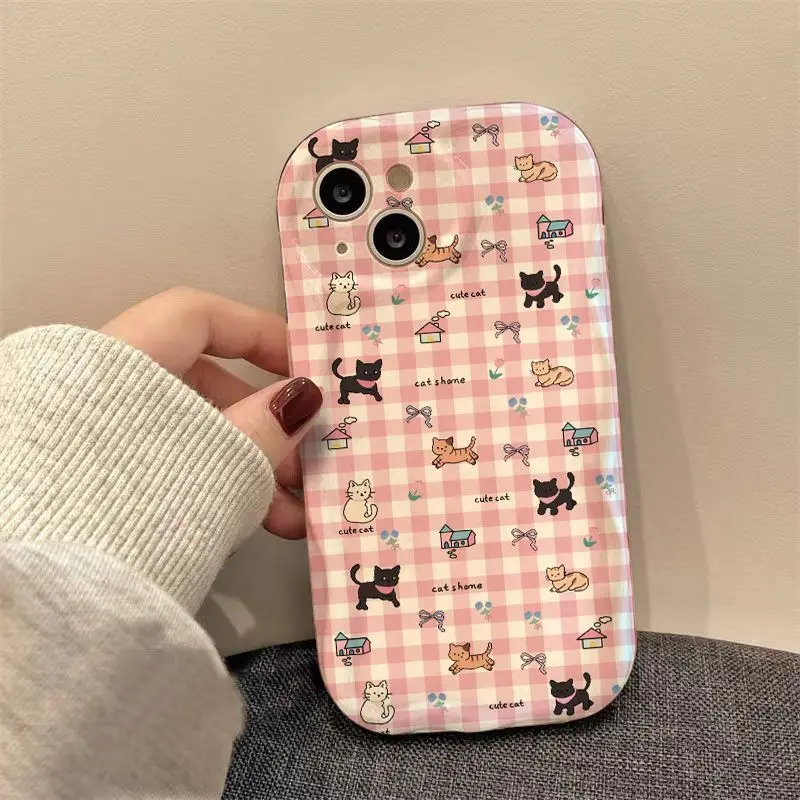 

Phone Case For iPhone 16 15 14 13 12 11 8 7 X XS XR Pro Max Plus New Korean INS Pink Plaid Cat Pattern Protective Cover