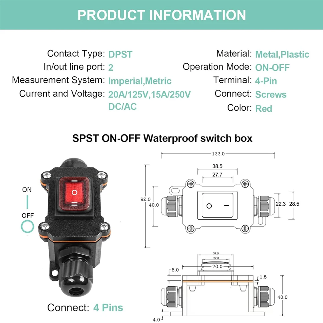 ABILKEEN Dual Port Output Rocker Push Button Box DPST ON-OFF-ON Rocker Toggle Waterproof Box AC220V 15A/30A with 6Pin Terminal