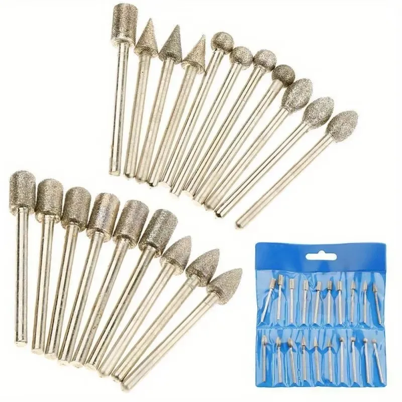 

20pcs Diamond Grinding Heads Mini Bit For Rotary Drill Tool Burrs Grinding Accessories 3mm Shank Tools Kit Abrasive Tool
