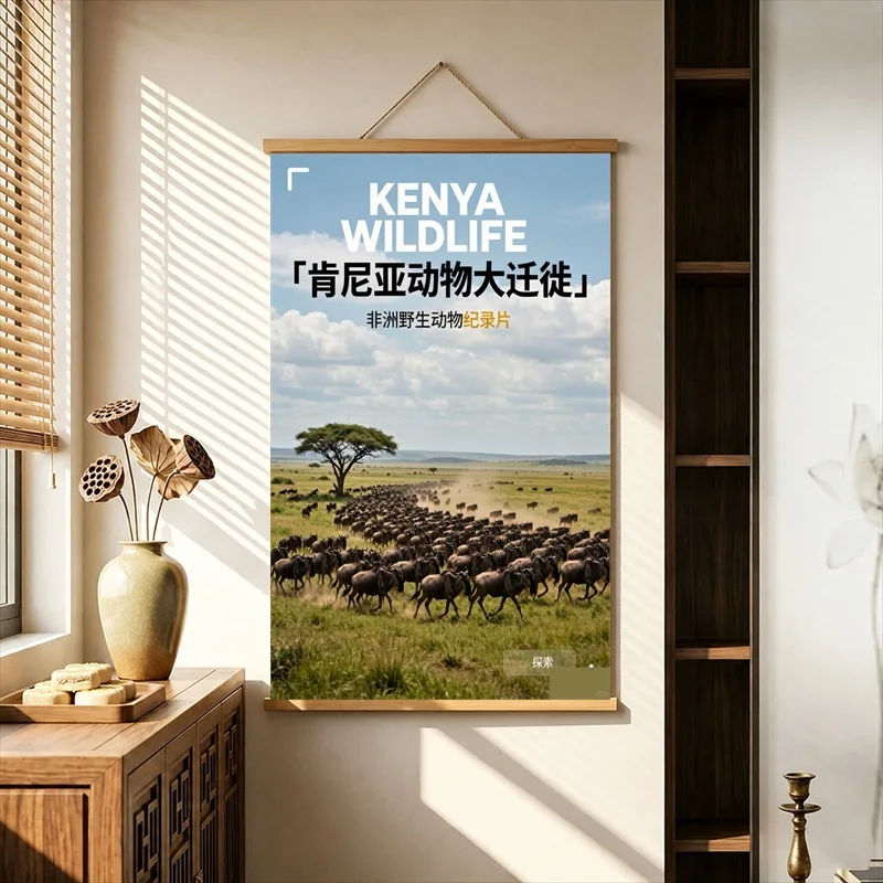 Wall Decor Hot Air Balloons above African Grasslands, Bohemian Travel Pearlescent Canvas Wall Hanging Scroll for Glamping Resort