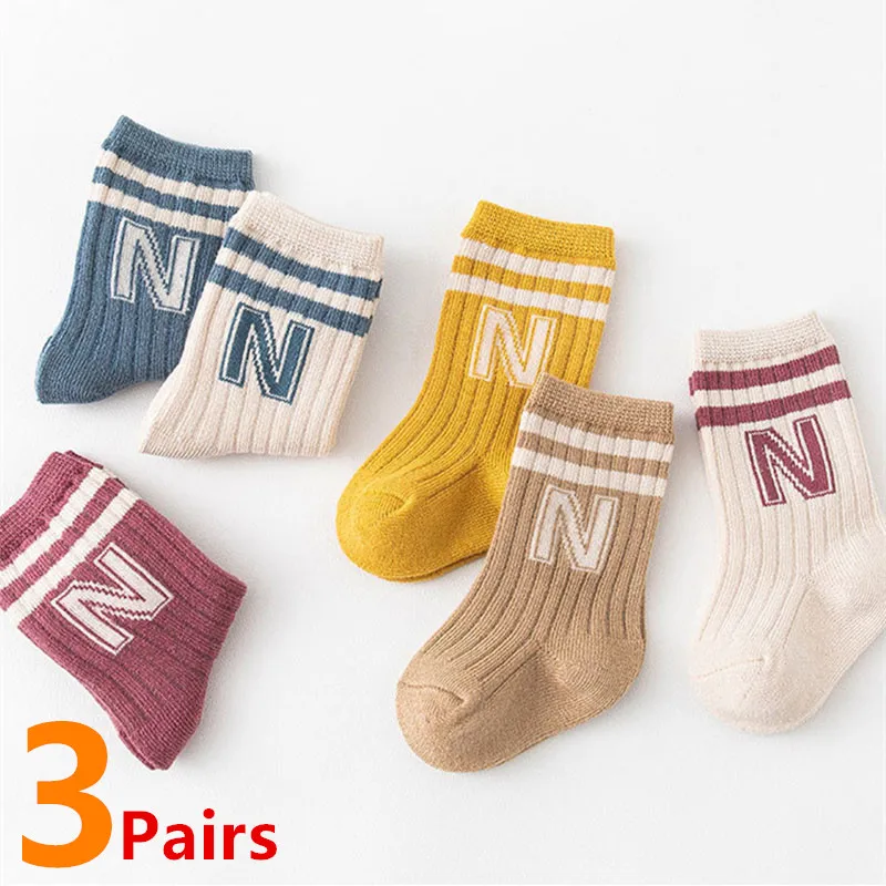 3Pairs Children Knit Socks Soft Cotton Letter Kids Long Knee High Sock Infant Toddler Baby Boys Girls Cute Stripe Socken