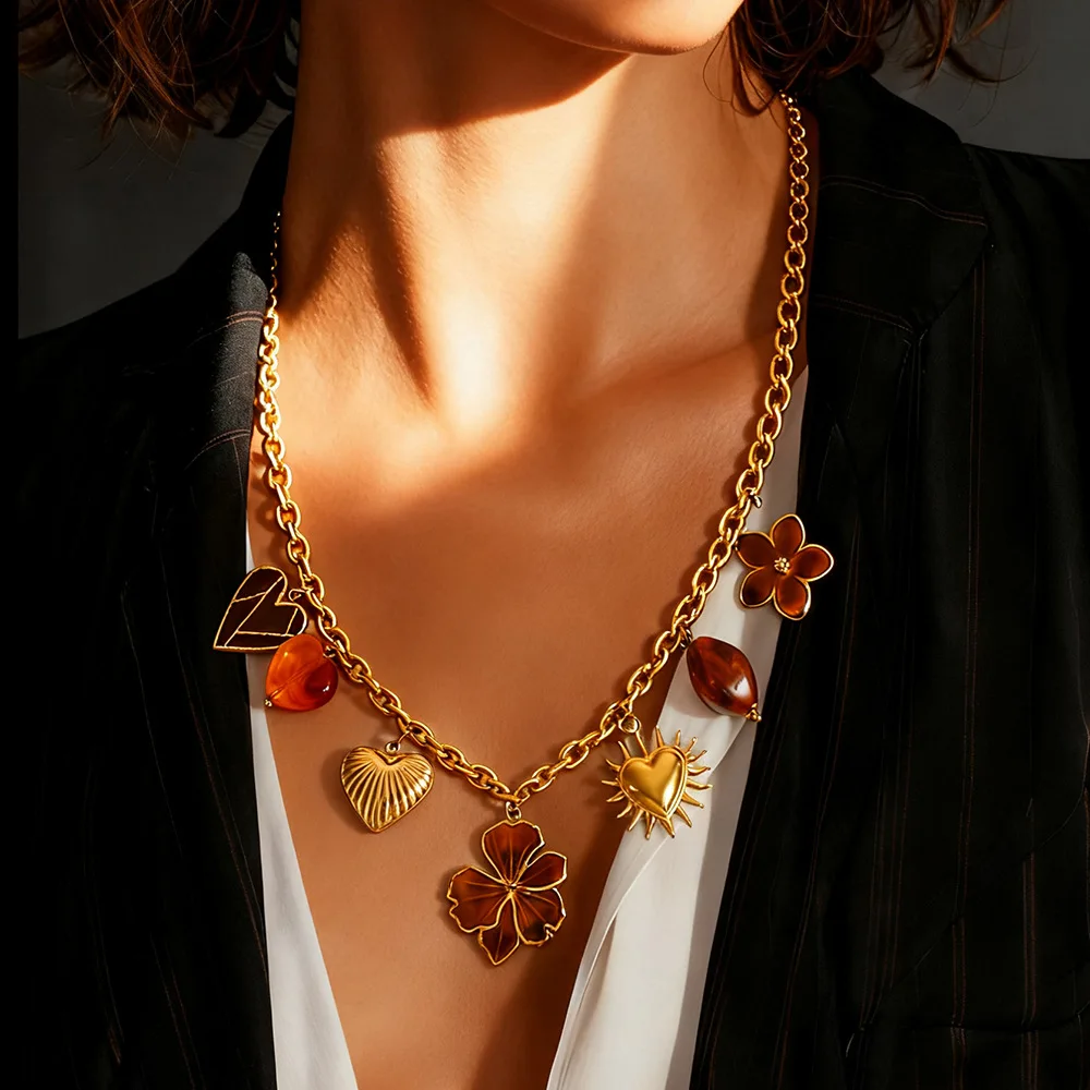 Stainless steel DIY autumn and winter atmosphere, drip oil heart-shaped flower, Maillard style vintage temperament sweater chain