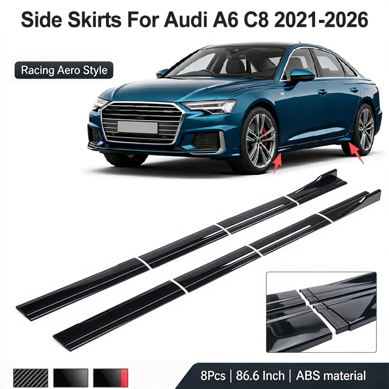 86.6inch/2.2m Sectional Side Skirt Extension Lips For Audi A6 C8 2021-2026 2022 2023 2024 - Racing Side Spoiler Car Mod Body Kit