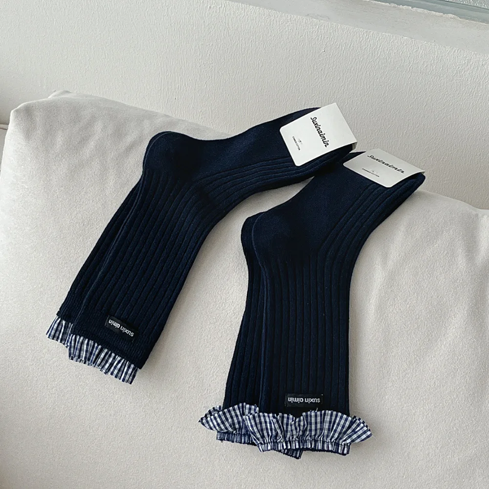 Women's Spring and Autumn Bow Tie Mid-calf Socks, School-style, Blue Color, Pile Socks with Checkered Lace Trim, Cotton Socks