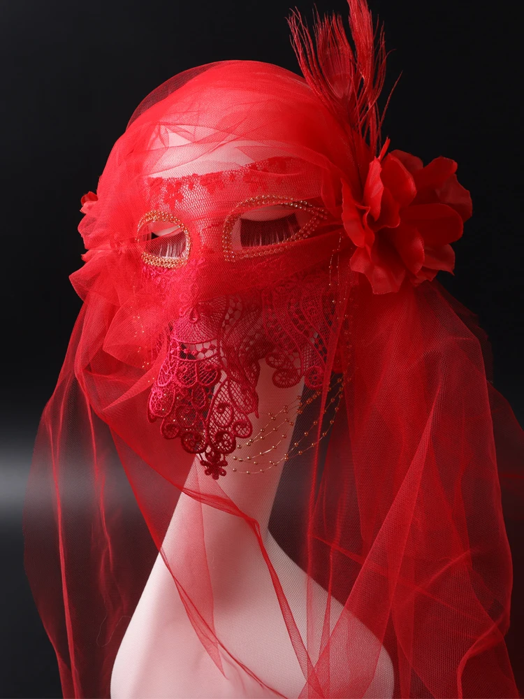 Mask Lace Mesh Tassel Big Red Flower Decoration Full Face Veil Exaggerated Exquisite White Stage Performance Singing Party Props