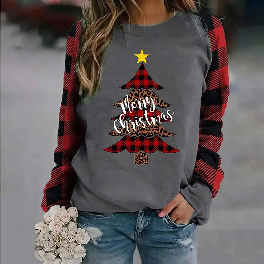 Christmas Women's Sweatshirt Designer Round Neck Long Sleeve Loose Casual Red Plaid Sleeves Stitching Fun Pattern Print Tops