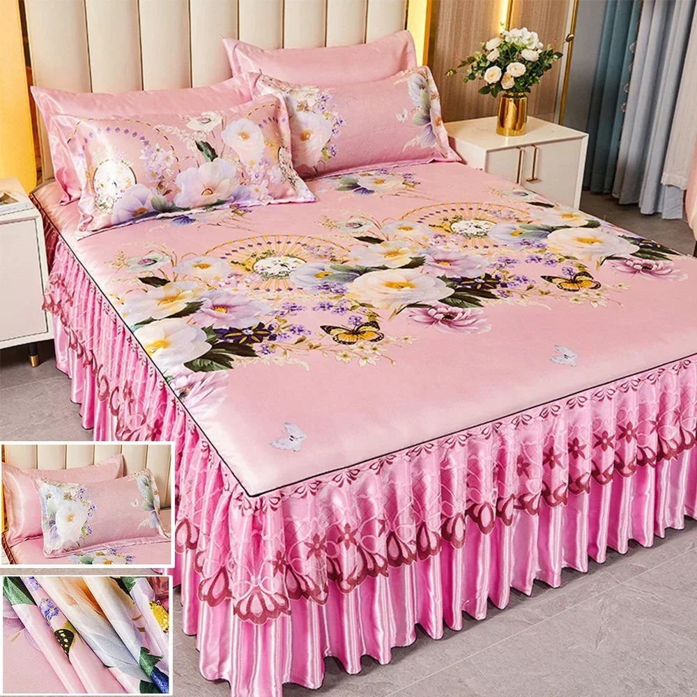 3Pcs Set Bed Skirt Style Bedspread with Ruffles European Style 38cm Hem Summer Bed Cover Mattress Dust Protection Cover 침대커버 치마형