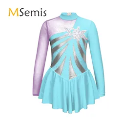 Toddler Girls Gymnastics Ballet Leotards Costume Shiny Sequins Long Sleeve Floral Figure Ice Skating Dance Dress Kids Dancewear