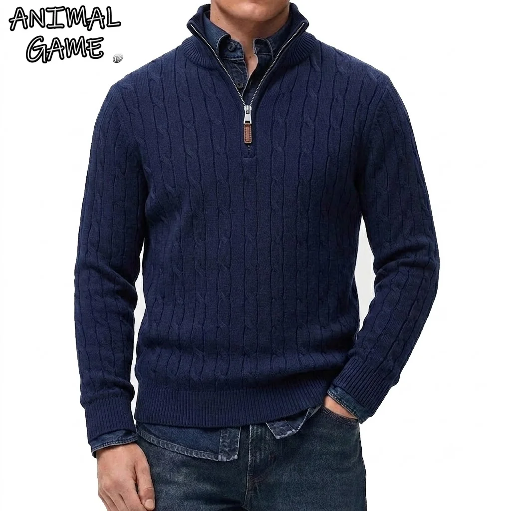 Men's Casual Stand Collar Cardigan Half Zip Cable Knit Sweater Winter Long Sleeve Thermal Pullover Solid Color Slim Fit Jumper