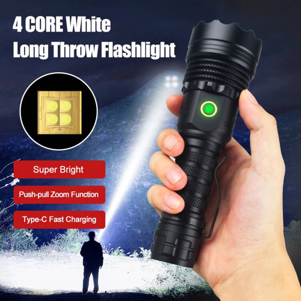 Powerful 10000lm 4 CORE LEP White Flashlight Adjustable Focus Type-C Fast Charging 5 Modes LED Toch for Outdoor Emergency