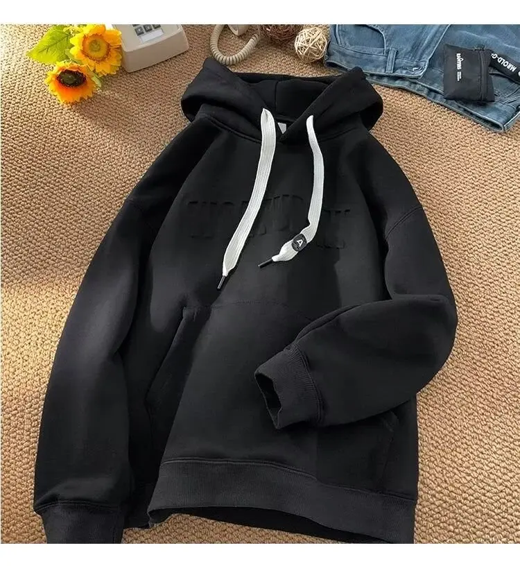 American heavyweight hoodie men's autumn and winter 2024 youth plus plush thick top letter steel print hooded jacket