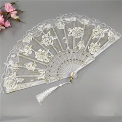 Abanico de mano de encaje para mujer, abanico plegable de encaje Rosa translúcido, adorno decorativo para el hogar, baile de Wing Chun español, regalo de boda