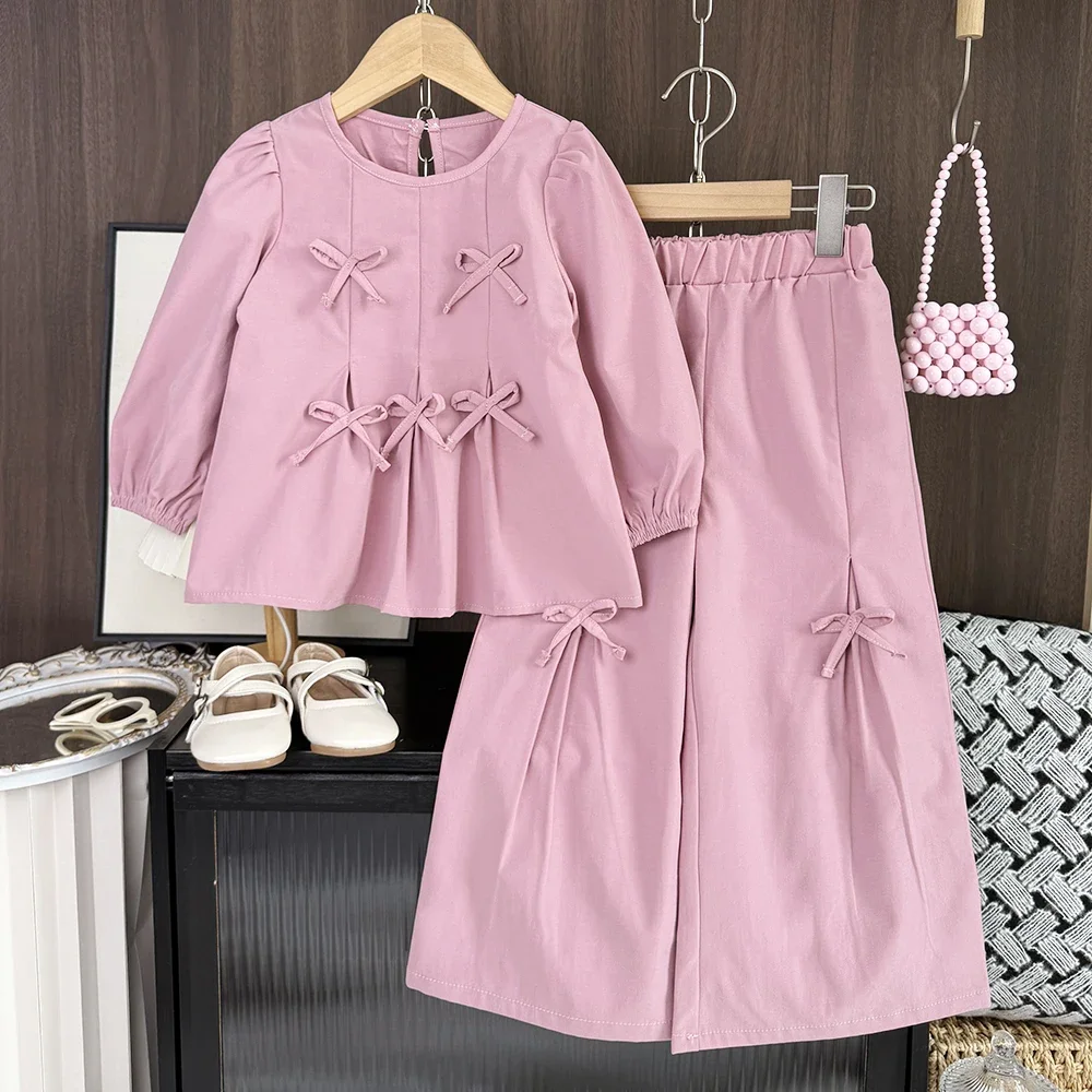 Pink Solid Color Autumn New Girls' Casual Suit Sweet Bow Long Sleeved Top+pleated Wide Leg Pants Two-piece Set Korean Version