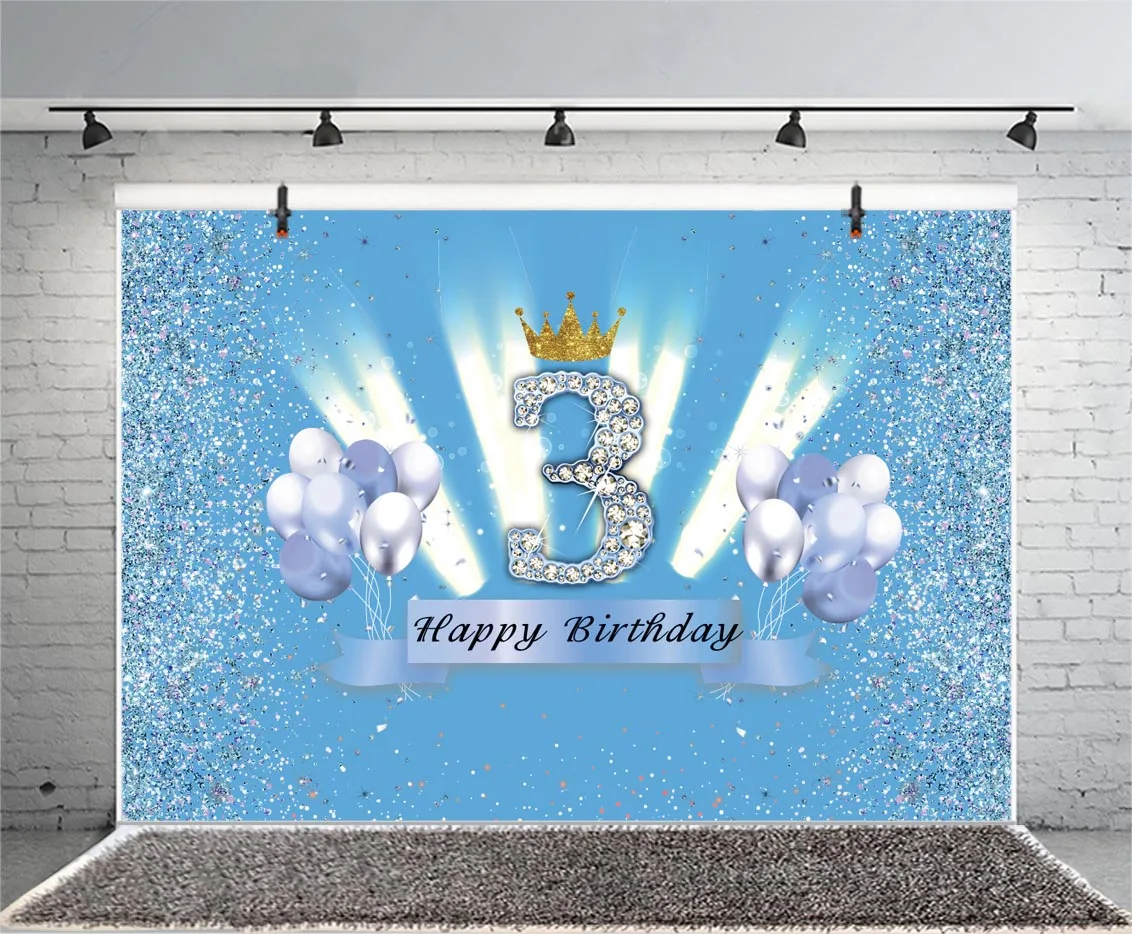 Blue 3rd Backdrop Glod Crown Newborn Baby Shower Prince Boys 3 Years Old Birthday Party Photo Background Photocall Prop Banner