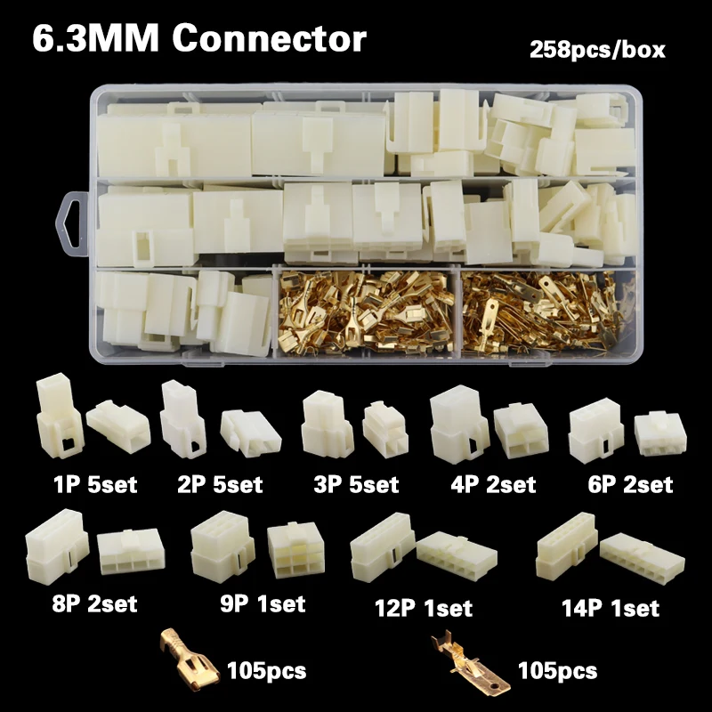 

258pcs /Box 6.3mm 1/2/3/4/6/8/12P/14 pin Automotive 6.3 Electrical wire Connector Male Female cable terminal plug Kits ebike car