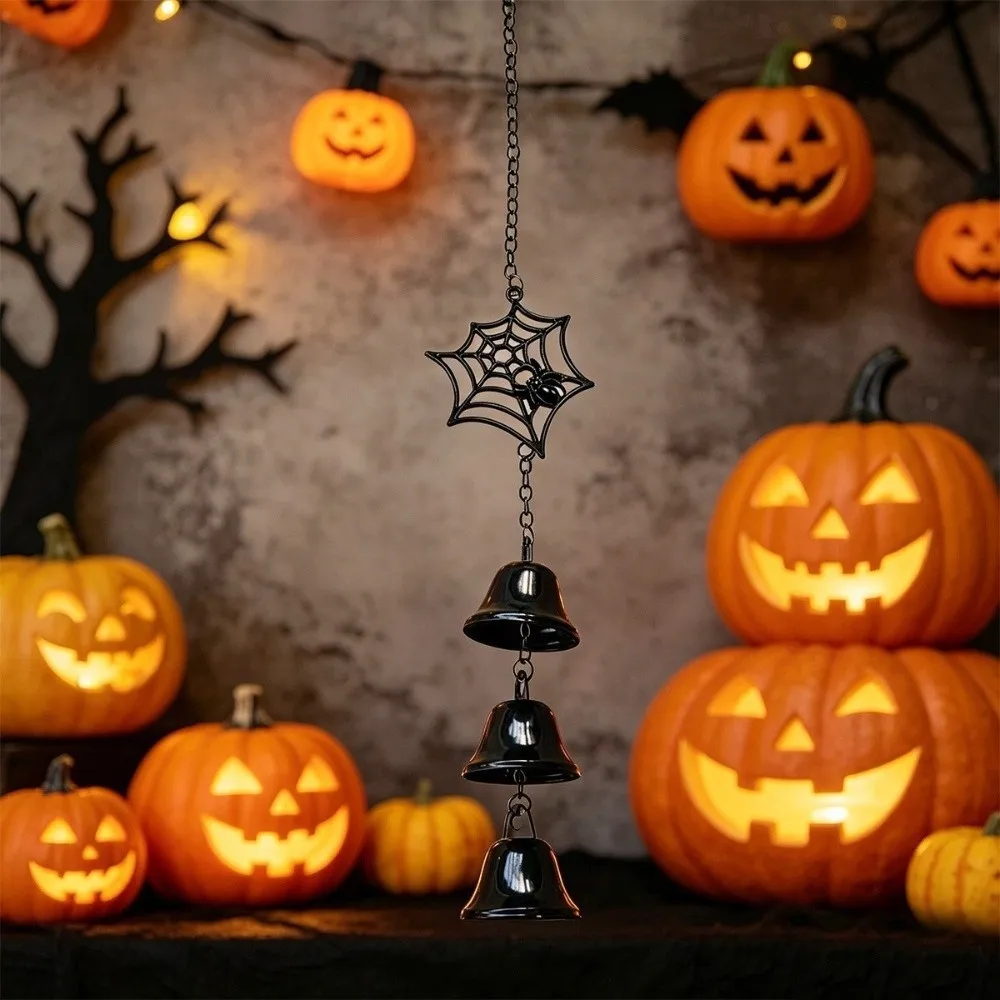 Funny Retro Halloween Wind Chime Gothic Fantasy Spider Web Wind Chime Triple Bell Fade Resistant Cross Pendant Yard