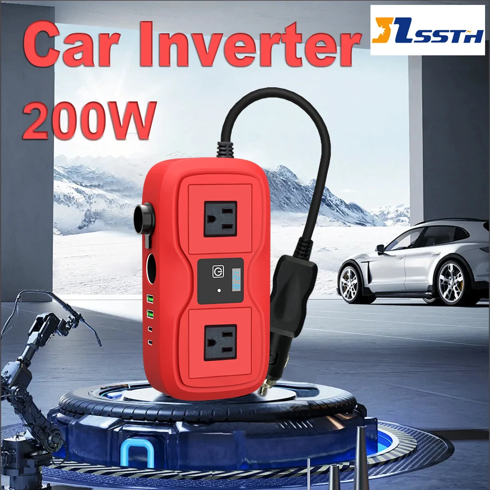 

Автомобильный инвертор 200 Вт, преобразователь напряжения DC 12В в AC 110В, с двумя USB-портами и быстрой зарядкой Type-C PD20W, автомобильный адаптер для американских розеток