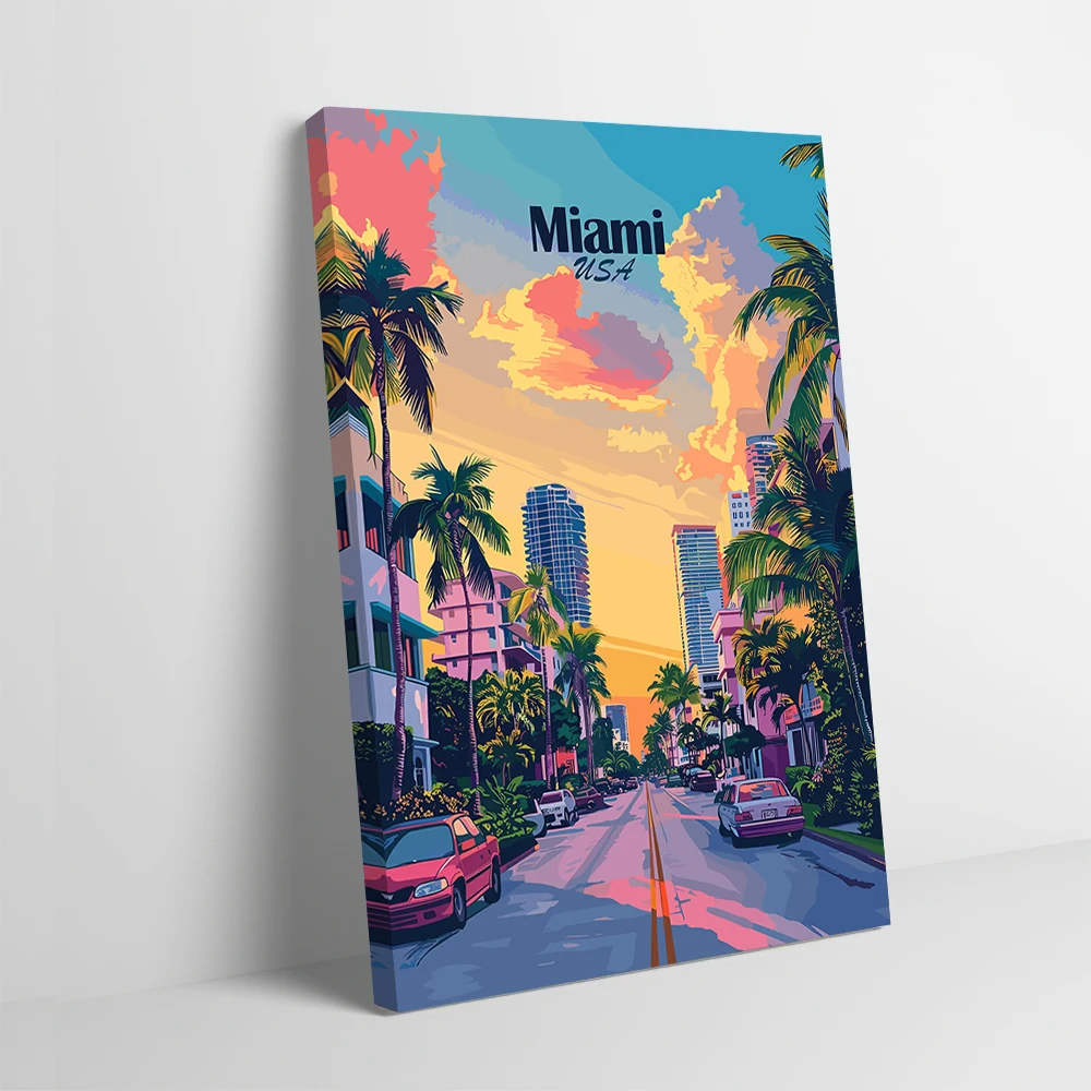 Miami USA Cityscape With Palm Trees Poster Customizable Printed Canvas Painting Wall Art Gift for Decorative Paintings Wand Deko