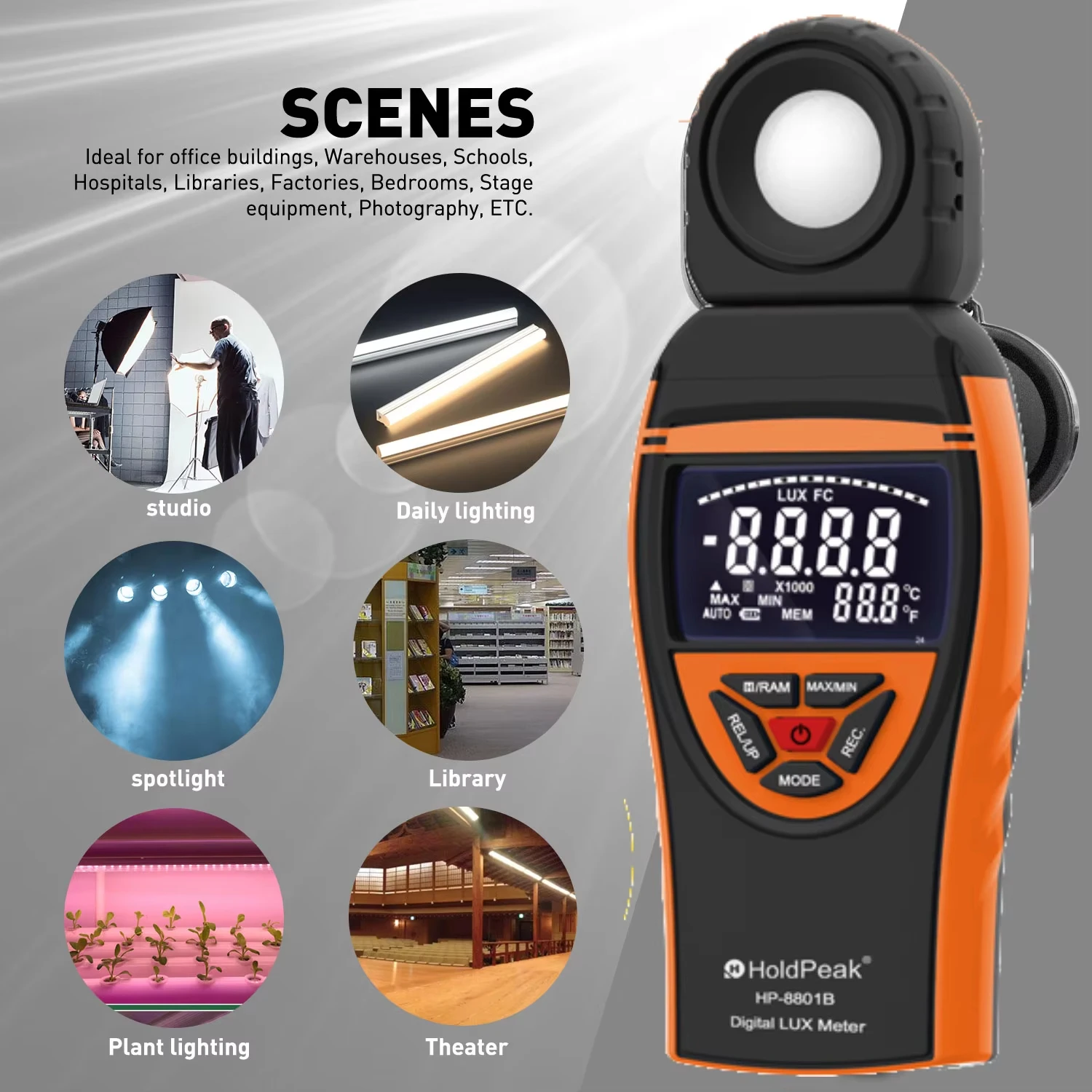 8801B Digital Lux Meter 0.1-400,000 Lux Light Meter Rotatable Sensor Illuminance Tester for Plants LED Grow Factory Warehouse