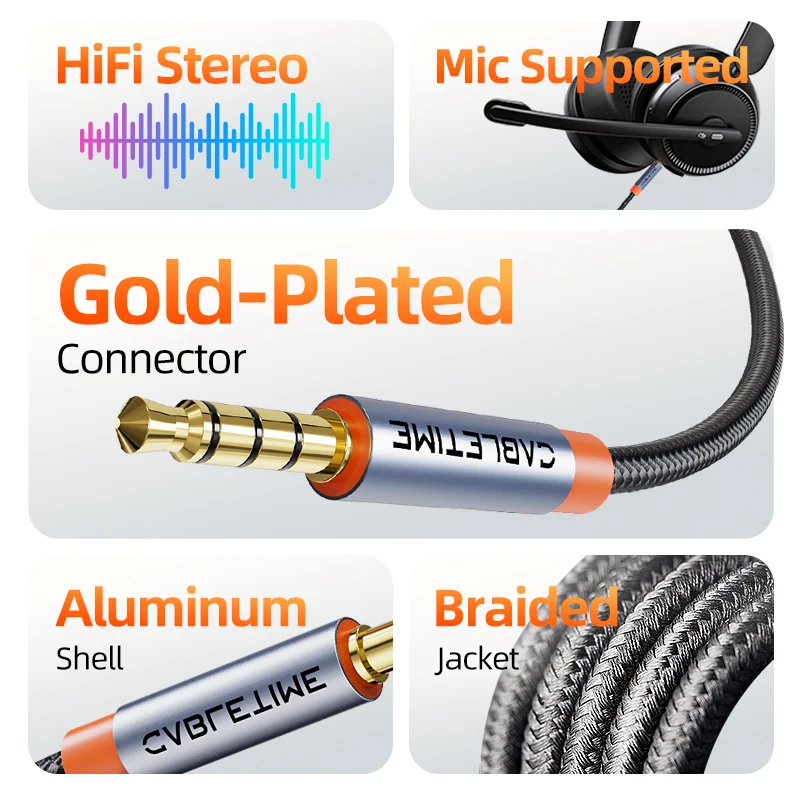 CABLETIME 3.5 مللي متر كابل مساعد 4-القطب TRRS 4-موصل مساعد كابل مساعد للهاتف سماعة ميكروفون سيارة الموسيقى HIFI وظيفة الصوت