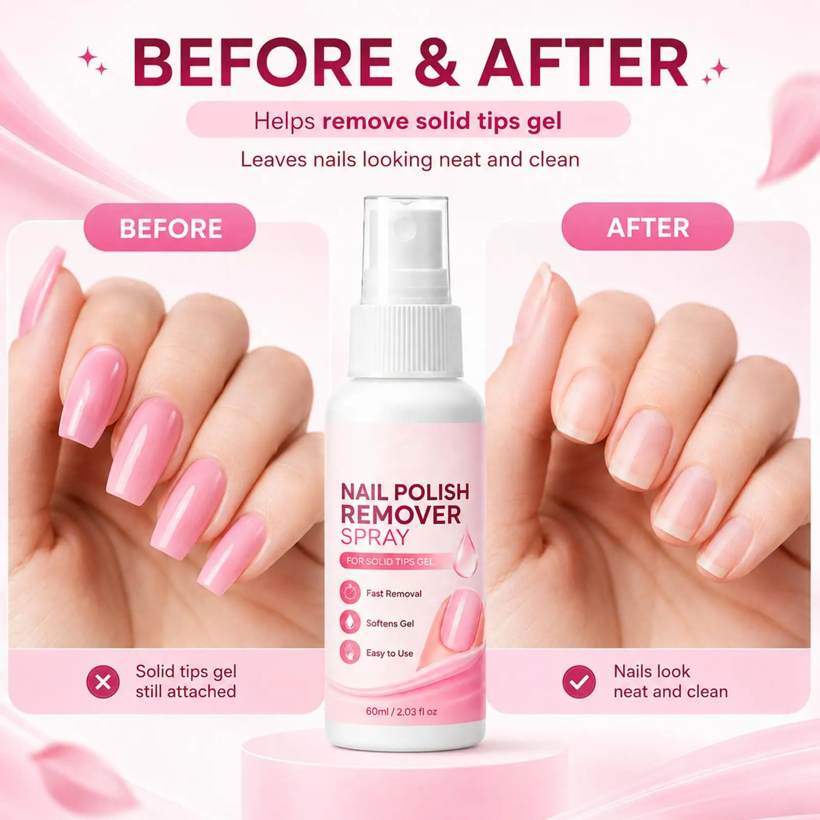 60ml Nail Remover Spray For Press On Nails False Nail Tips  Type UV Soak Off SolidAdhesive Fake Nail Removing Nails Art - view 2