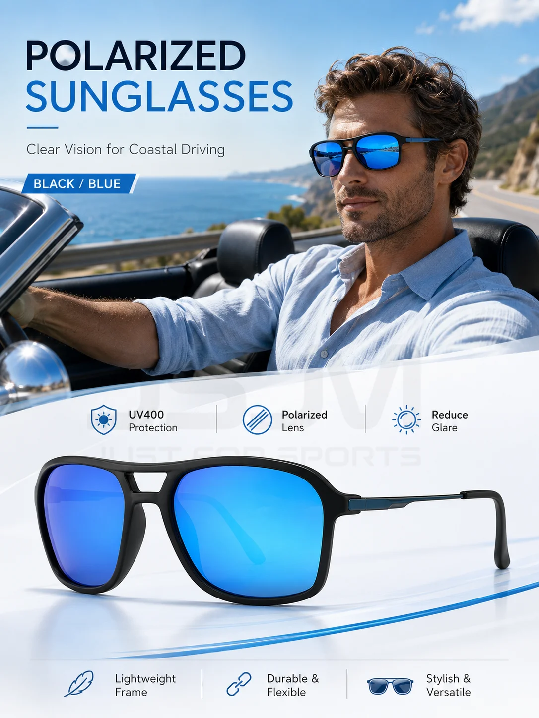 JSJM 2026 Neue Polarisierte Sonnenbrille für Männer und Frauen UV400 Eckige Sonnenbrille Leichtgewichtige Fahr- und Angelbrille für Outdoor-Sport