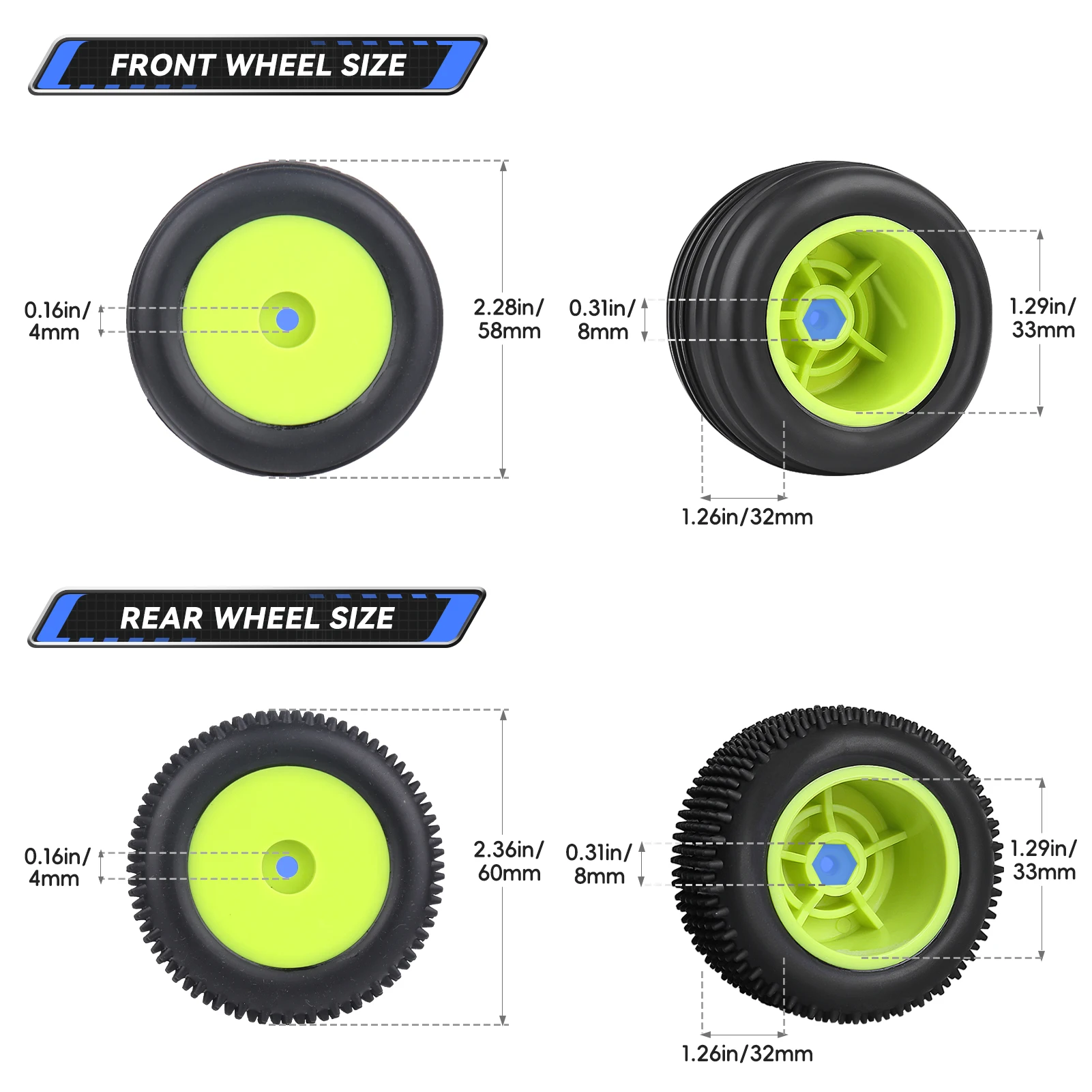 HobbyPark Preglued 1/18 Off-Road Tires & Wheels, 8mm Hex, for Losi Mini-T 2.0 Brushless Stadium Truck, High Traction