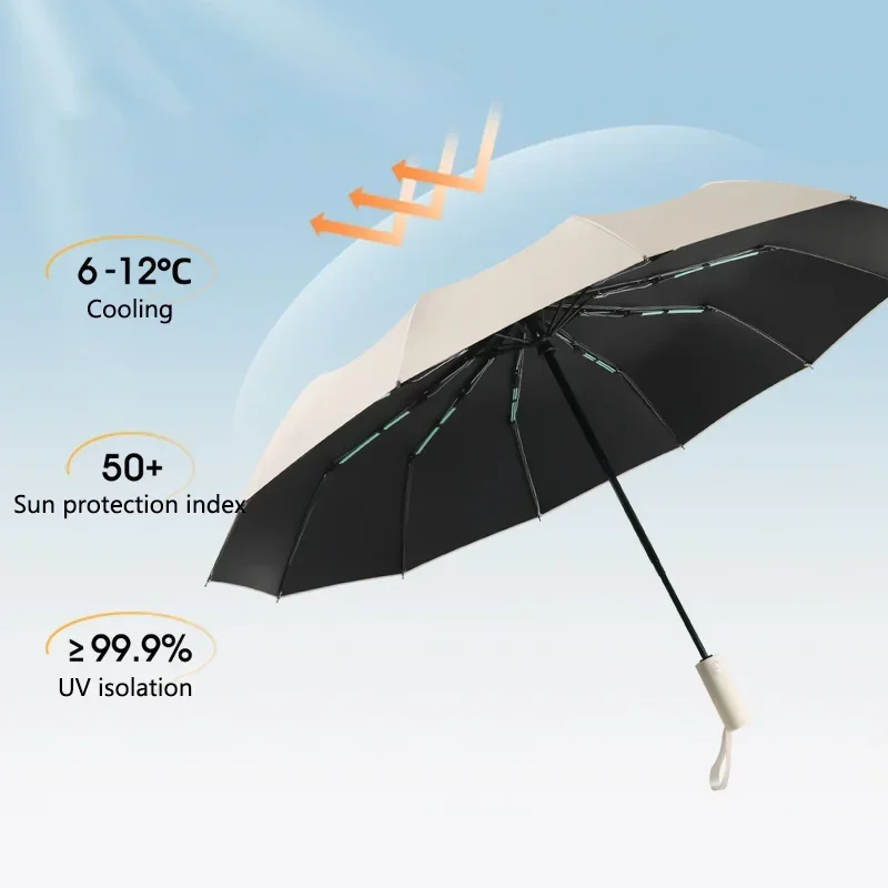 12 Bone Black Glue Fully Automatic Umbrella With Thick And Durable Keel Three Fold Umbrella UV Resistant Folding Umbrella